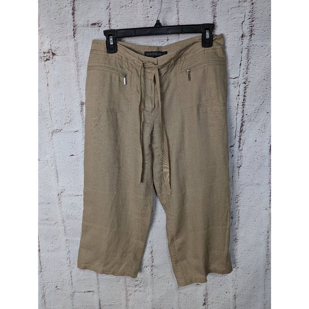 Lafayette 148 100% Linen Tan Wide Leg Side Button Cropped‎ Pants Capri